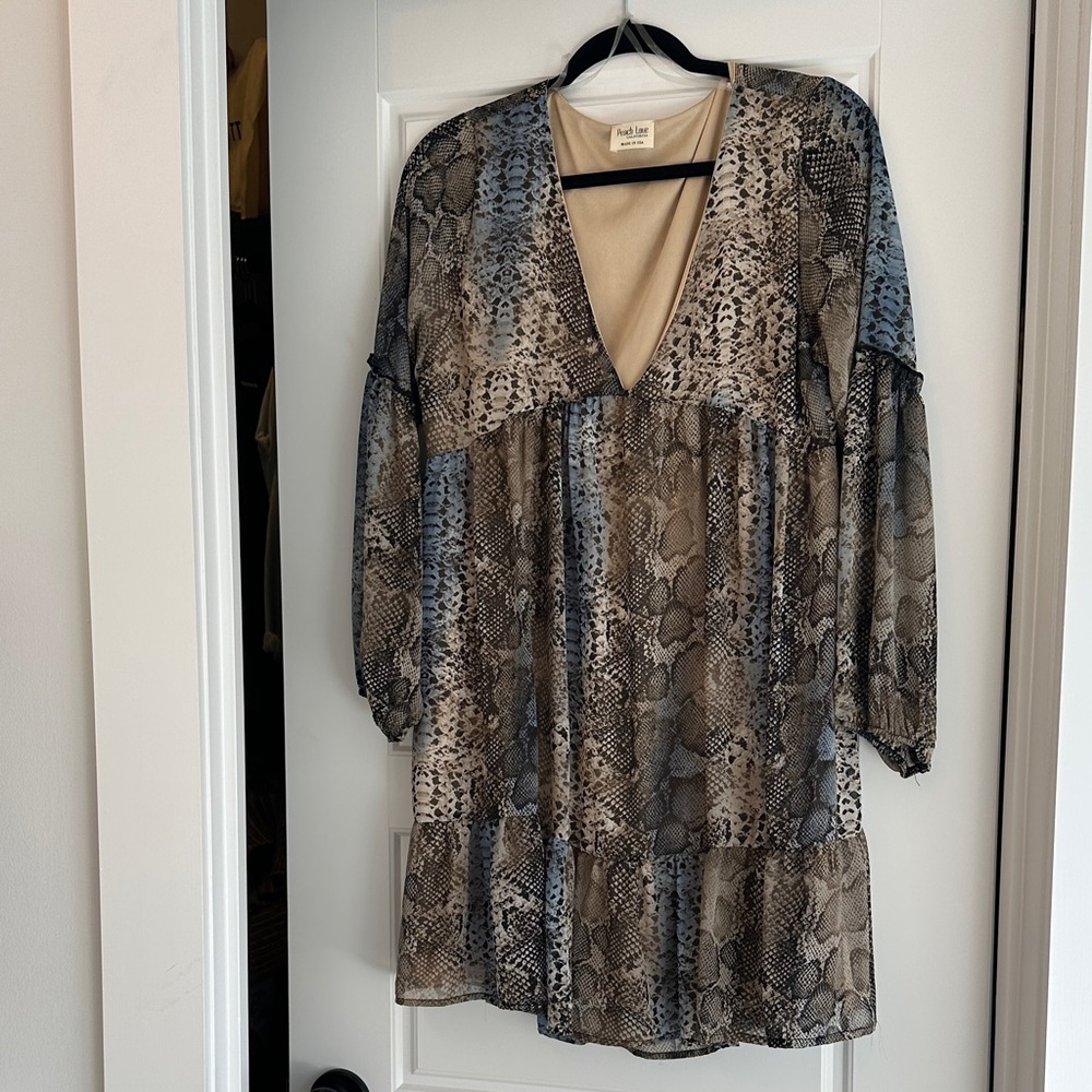 Peace Love World Snake Print Dress - Blue and Brown